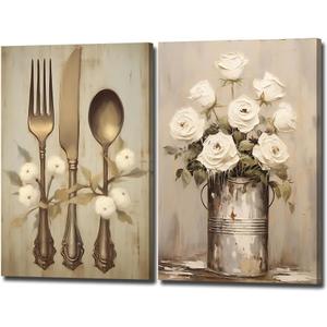 Kitchen Canvas Wall Art 2 Pieces Flower Tableware Picture Wall Art Vintage Kitchenware Painting Prints Dining Room Decors(Vintage-1,16x24inchx2 Pieces (40x60cmx2 Pieces))