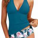 Yonique Womens Two Piece Swimsuits Tummy Control Tankini Plus Size Bathing Suit Halter V Neck Swimwear, Navy Medium