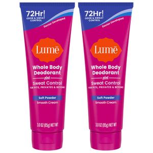 Lume Whole Body Deodorant Plus Sweat Control - Smooth Cream Tube - 72 Hour Odor And Sweat Control - Baking Soda Free, Skin Loving - 3.0 ounce (Pack of 2) (Soft Powder)