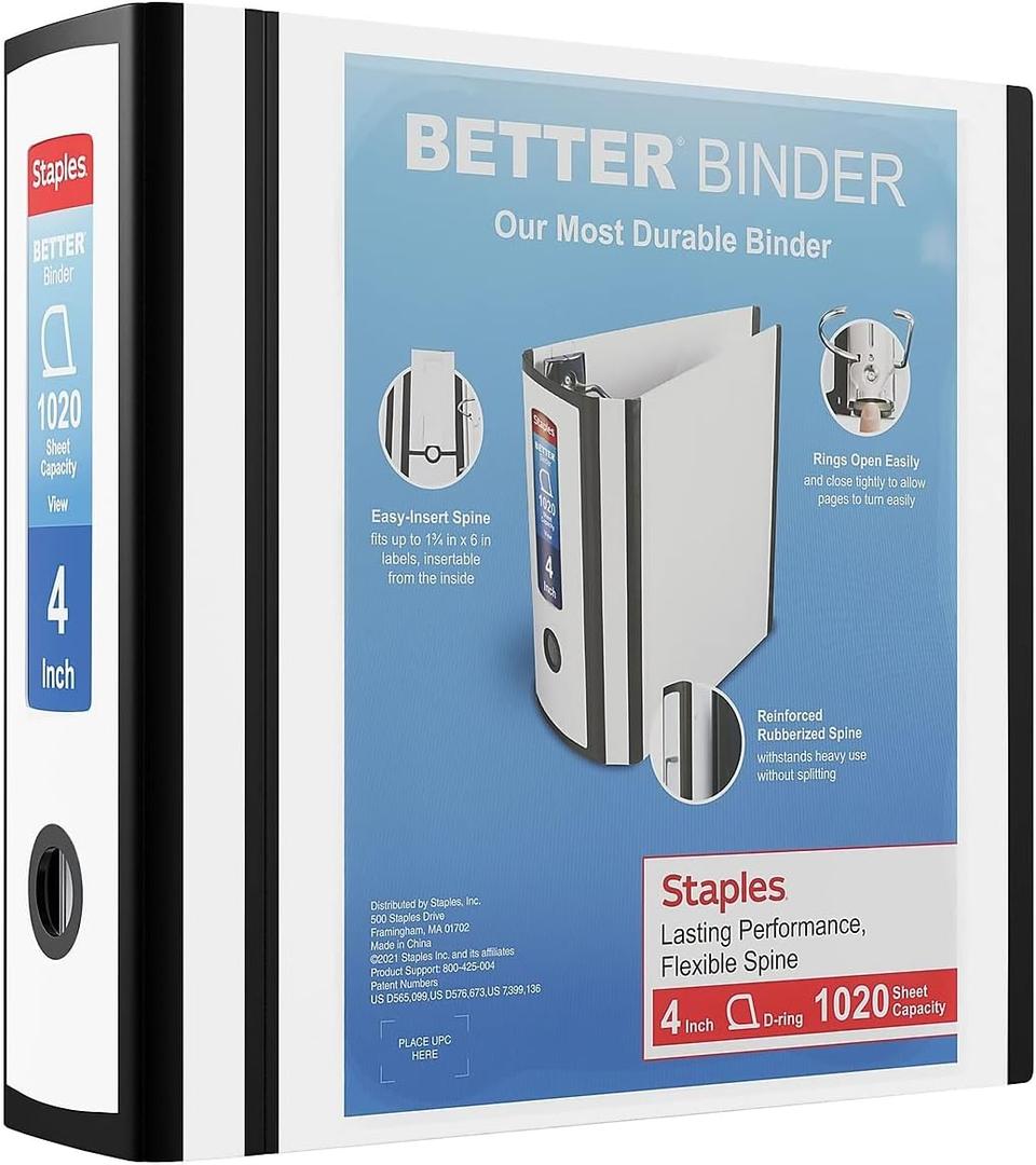 Staples Better 4-Inch 3-Ring View Binder, White, Reinforced Spine