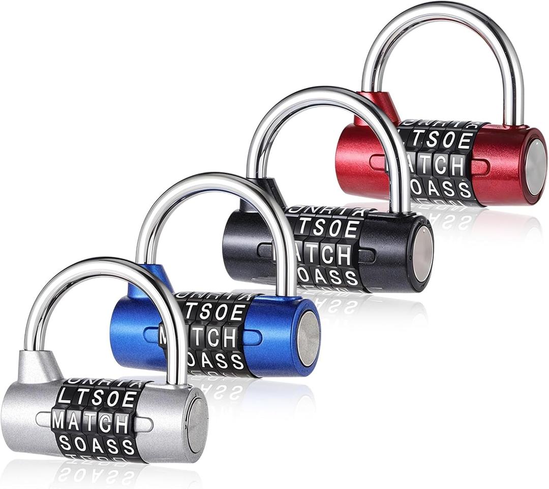 4 Pcs Letter Combination Lock,Combination Padlock for Gym Locker, Toolbox, School Locker, Padlock Combinations in Black, Red, Blue, Silver