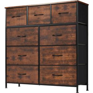 DUMOS Dresser for Bedroom, Storage Organizer with 9 Drawers, Chest of Drawers with Fabric Bins, Sturdy Metal Frame, Wood Tabletop for Guest Room, Closet, Entryway, Nursery (Brown)