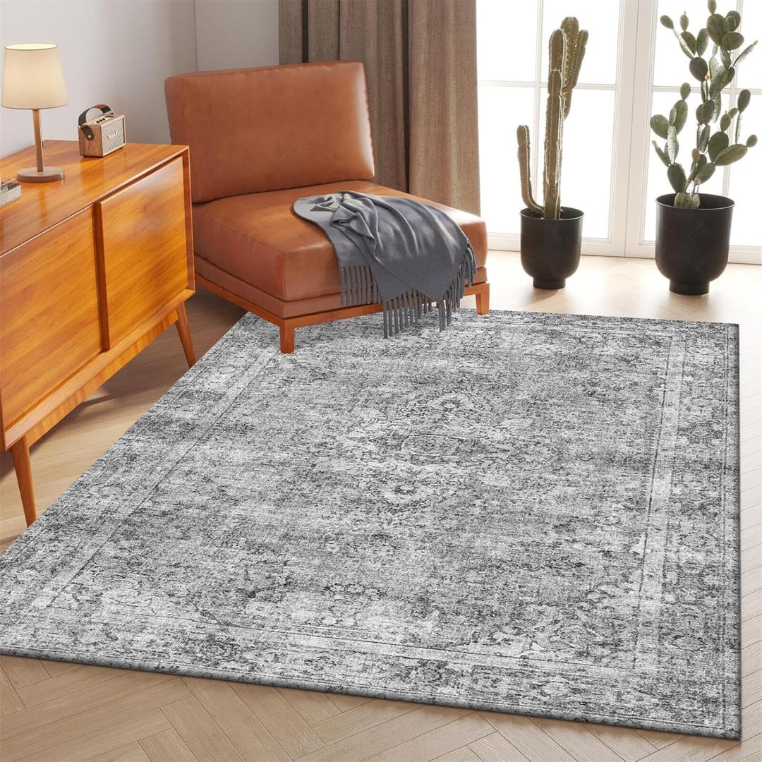 Area Rug 4x6 Gray Living Room Rugs,Machine Washable Rug,Stain Resistant Soft Thin Carpet,Boho Vintage Home Decor,Indoor Non-Slip Rugs,for Bedroom,Office,Farmhouse,Dining,Dorm (Grey)