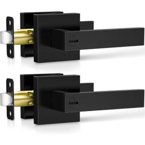 Plustool 2 Pack Matte Black Door Handles Interior, Keyless Interior Door Knobs, Privacy Door Locks for Bedroom Bathroom, Heavy Duty Square Door Lever Locksets, Reversible for Left&Right Handled Doors