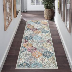 Runner Rug Washable Moroccan Trellis Hallway Runner Rug Entryway Rug, Stain Resistant Non-Slip Bedroom Rug Vintage Distressed Entrance Carpet for Laundry Kitchen, Purple/Grey, 2' x 6'