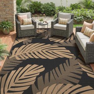 GENIMO Waterproof Outdoor Rug 9' x 12' for Patio Decor, Reversible Plastic Straw Area Rugs for Camping Clearance, RV Mat, Large Outside Carpet for Porch, Deck, Picni, Balcony, Garden, Black & Brown