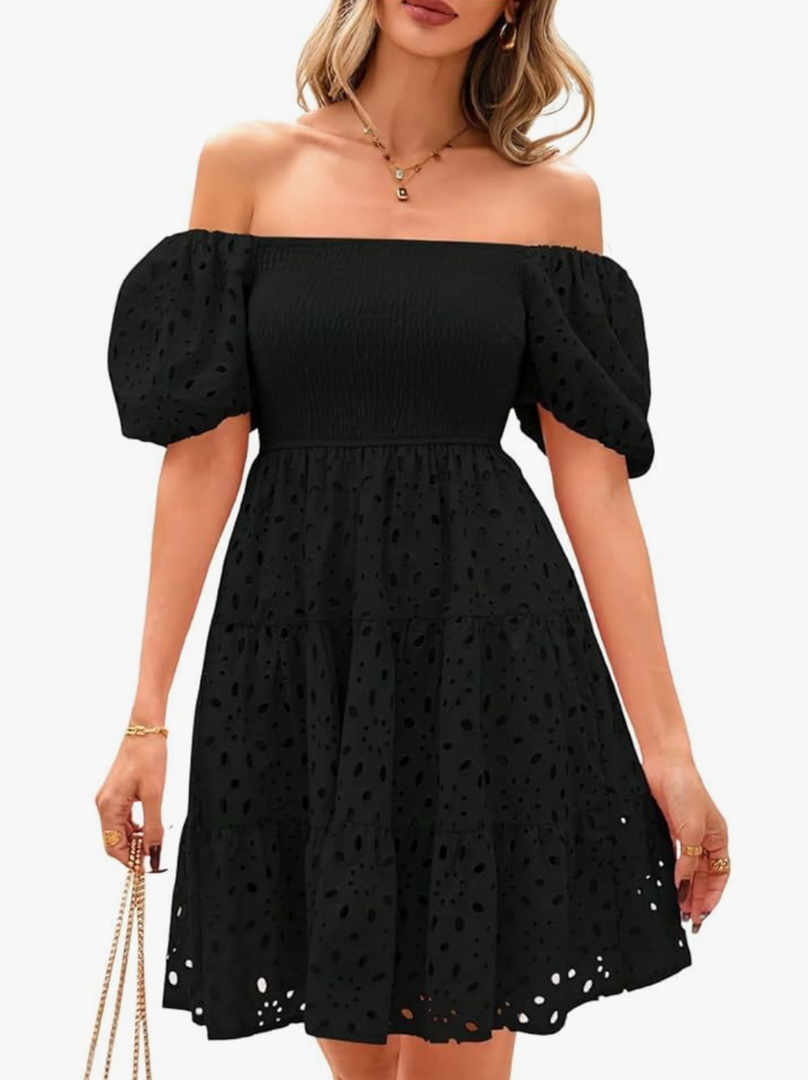 Women's 2025 Eyelet Lace Embroidery Smocked Dress Square Neck Puff Sleeve Off Shoulder Tiered Mini Dress Size S