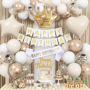 Birthday Decorations for Women, Champagne Gold Birthday Decortion White Beige Neutral Cream Gold Latex Balloons Banner Fringe Curtain for Women Girls Boho Party Supplies