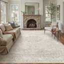 PureCozy Beige 8x10 Area Rug Washable Vintage Carpet for Living Room Bedroom Large Soft Retro Floral Low Pile Thin Indoor Rug Non Slip Central Medallion Floor Cover for Dining Room Office