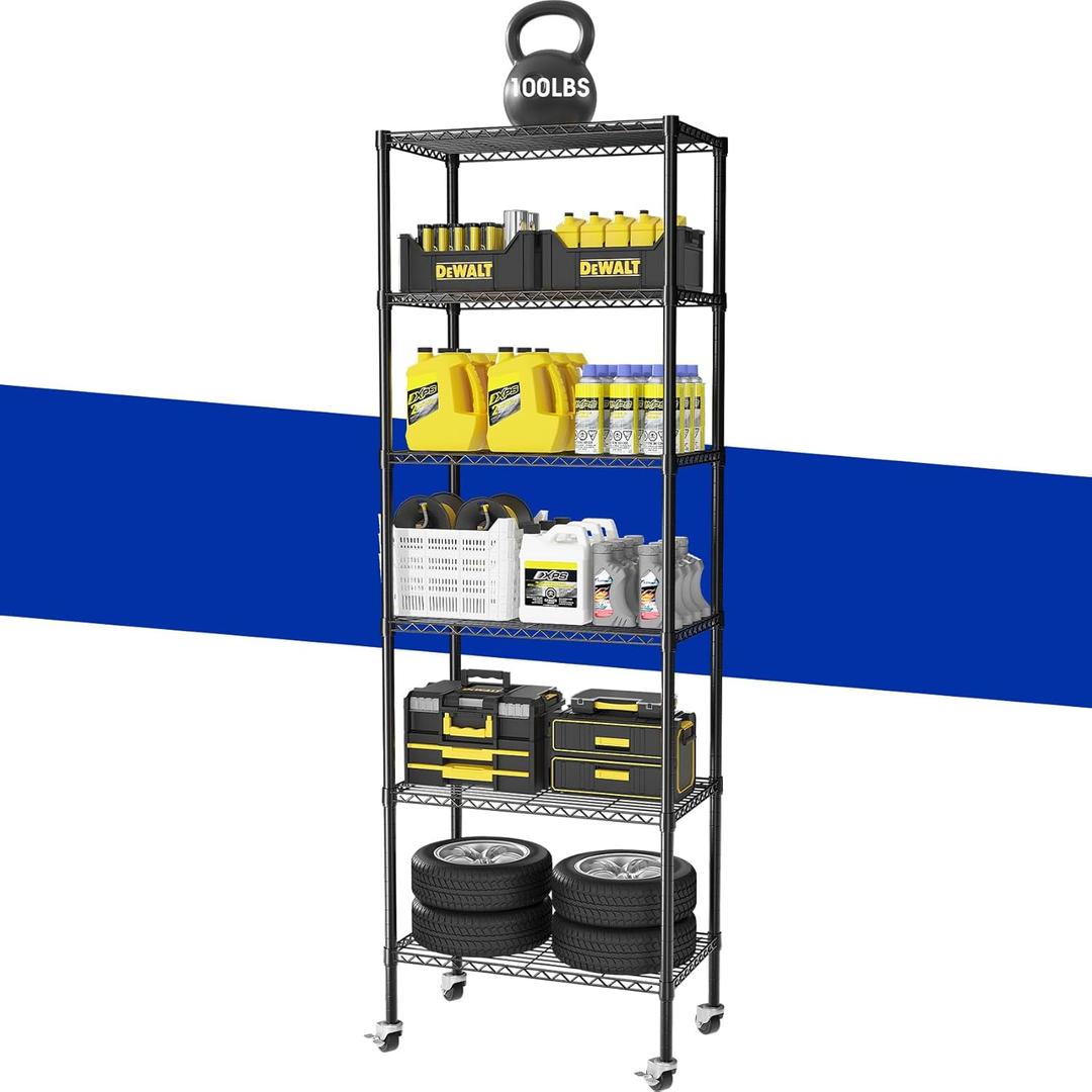 Adjustable 6-Tier Heavy Duty Wire Shelving Rack, 14" D x 24" W x 71" H Storage Shelves with Wheels, 750 lbs Capacity Rolling Metal Shelving for Garage, Pantry, Kitchen, Closet