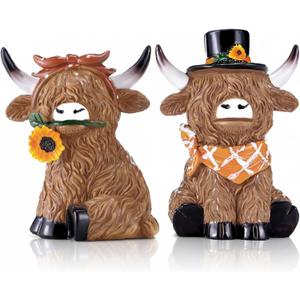 2 Pack Highland Cow Figurines Sunflower Highland Cow Gnomes Statues Decoration for Home Farmhouse Tabletop Centerpieces Calf Lovers Gifts for Garden Tiered Tray Home Decor