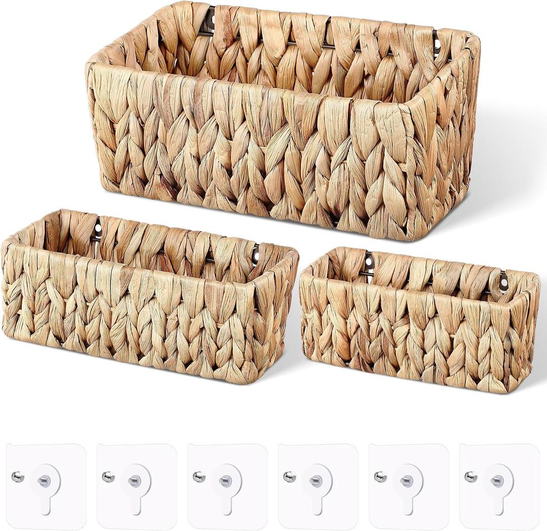 Threehoney 3 Pcs Woven Hanging Wall Baskets for Storage Seagrass Wall Mount Organizer with 6 Mounting Hooks Decorative Bathroom Basket for Boho Room Decor Letters Mail Kitchen