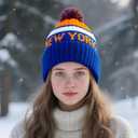 Baseball Team City Beanie, Cuffed Knit Soft Headwear for Women Men Youth, Sports Stylish Winter Hat, Gift for Fans (Blue-orange)