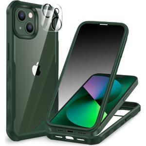 CENHUFO Privacy for iPhone 14 Case/iPhone 13 Case, Full Body Phone Case with Built-in 9H Tempered Glass Privacy Screen Protector and Camera Lens Protector, Shockproof Bumper Clear Cover - Green