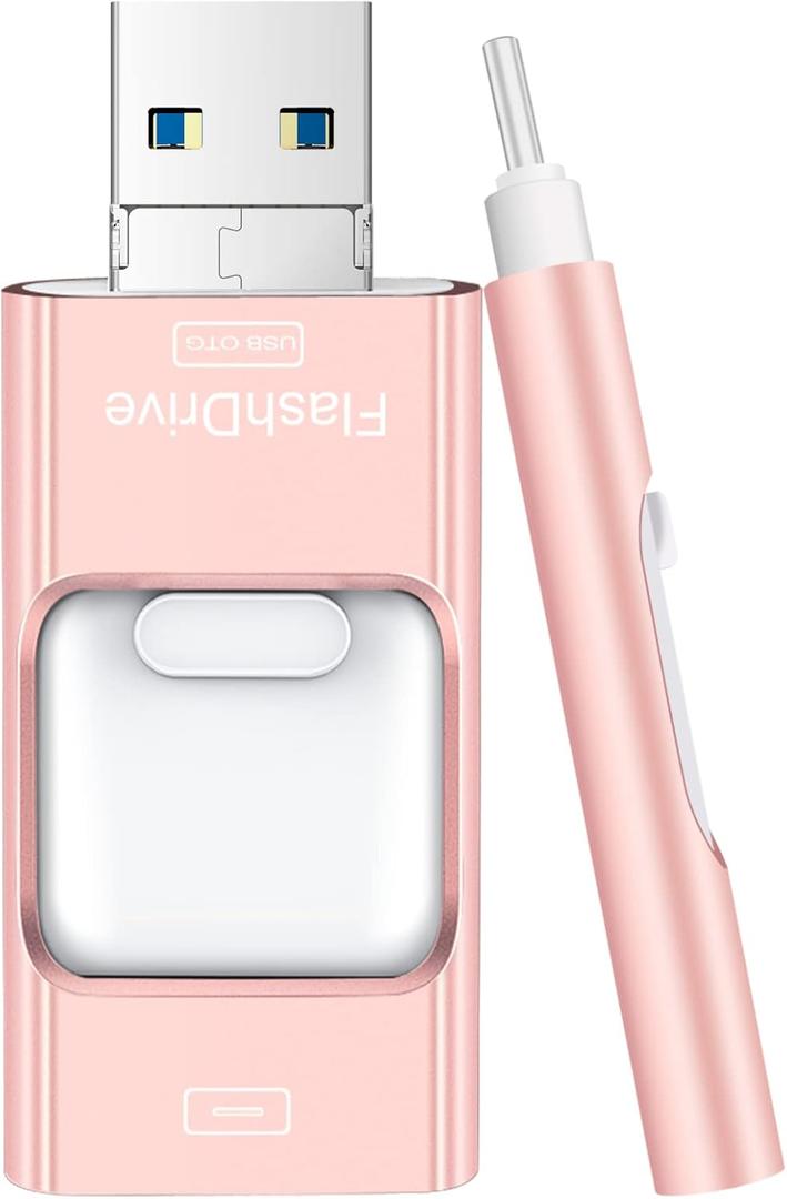 Flash Drive for iPhone 256GB, 4 in 1 USB Type C Memory Stick, Photo Stick External Storage Thumb Drive for iPhone iPad Android Computer, Rose Pink