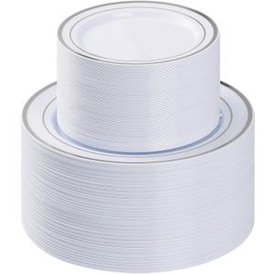 BESTVIP 200PCS Silver Plastic Plate, Disposable Party Plates with 100 Dinner Plates and 100 Dessert Plates, Plastic Plates for Party, Wedding and Birthday
