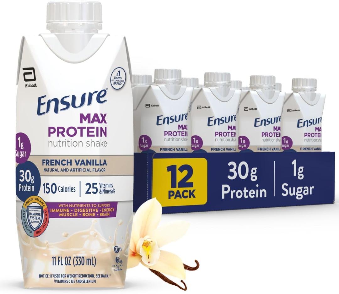 Ensure Max Protein Shake | French Vanilla | Ready to Drink | 30g Protein for Muscle Health | 1g Sugar, 4g Fiber | 11 fl oz, 12 Pack (EXP 11/01/26)