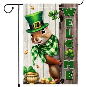 3 x Spring St Patricks Day Garden Flag 12x18inch Double Sided Burlap The Squirrel Lucky Shamrock Garden Flags Happy St. Patrick's Day For Outdoor Yard Patio Lawn Decor,Green Hat with Clovers Gold Coin Pot Welcome Outside Decorations Banner (RMQ88)