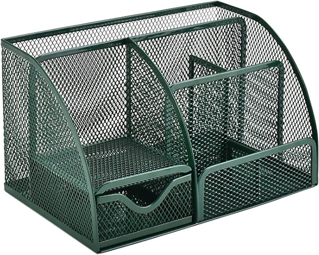 VANRA Office Supply Caddy Metal Mesh Desktop Supplies Organizer School Supply Holder Stuff Storage Organizer 6 Compartments with Drawer (Olive Green)