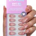 BTArtbox Press On Nails Short - Pink Cat Eye Almond Press On Nails with Glue for Women, Opaque Soft Gel Glue On Nails in 16 Sizes - 32 Stick On Nails Kit, Tassel Shine