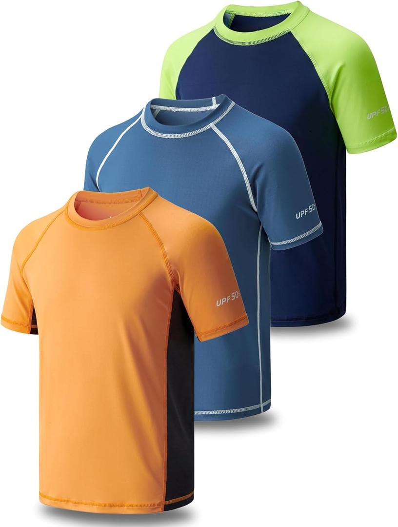 Liberty Pro 3 Pack Boys' UPF 50+ Rash Guard Short Sleeve Swim Shirts, Quick Dry UV Protection Swimwear for Kids (Medium, Navy/Orange/Dusty Blue)