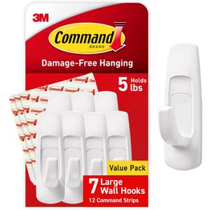 Command 5 lb Large Utility Hooks, 7 Hooks and 12 Strips, Damage-Free Hanging Wall Hook with Adhesive Strips, No Tools Required, Great for Home Kitchen Office Organization | 12-Strips, Organize, Damage-Free