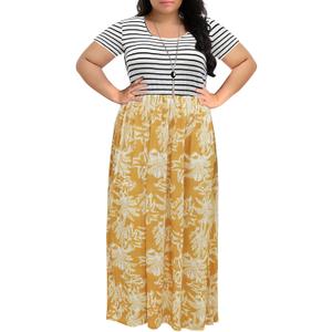 Nemidor Women's Chevron Print Summer Short Sleeve Plus Size Casual Maxi Dress (14W, Yellow Print)