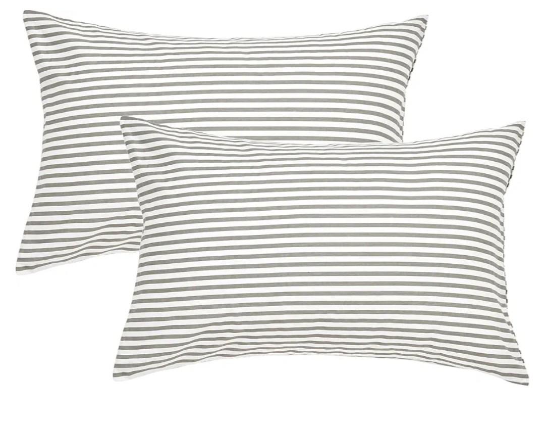 JELLYMONI 100% Natural Cotton Striped Pillowcases Set, 2 Pack White and Grey Stripes Pattern Printed Pillow Covers with Envelope Closure(Pillows are not Included)(King(20×36inches))