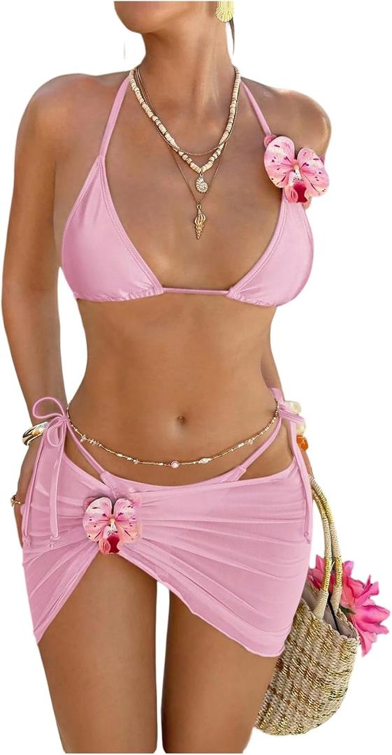 OYOANGLE Women's 3 Piece 3D Floral Cheeky Bikini Set Triangle String Thong Swimsuit with Cover Up Skirt (Pink)