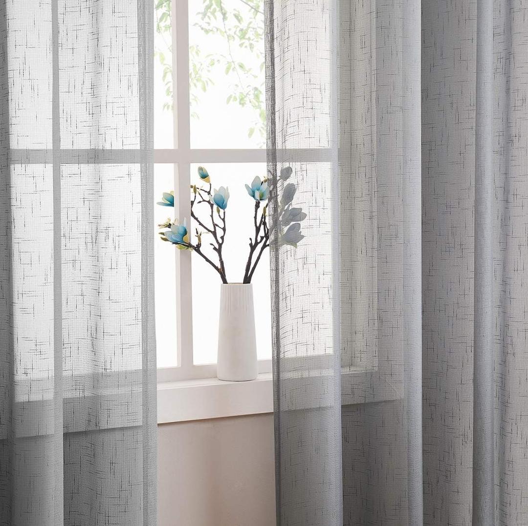 Randall Faux Linen Window Curtains Gray Sheer Open Weave Window Treatment for Living Room Bedroom, Grommet Sheer Privacy with Light Filtering, Modern Style Veil Drapes Sets of 2, 54"x63" (Solid/Grey)
