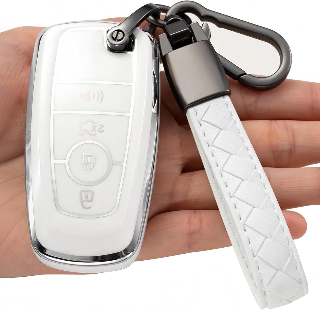 for Ford Key Fob Cover Soft TPU with Keychain Full Protection Key Case for 2018-2025 Explorer Bronco Escape Edge Expedition F-150 Fusion Maverick Mustang Ranger Accessories 4 Button, B White