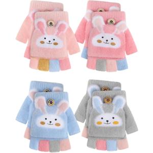 Geyoga 4 Pairs Kids Fingerless Gloves Winter Convertible Knit Flap Mittens Toddler Half Finger Mitten for Aged 3-10