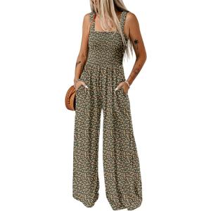 Dokotoo Women's Loose Overalls Jumpsuits One Piece Sleeveless Rompers | Boho Printed Jumpsuit, Sleeveless Wide Leg Jumpsuits for Women, Womens Summer Outfits, Square Neck,Loose Fit Casual Long Pant (Green, S)