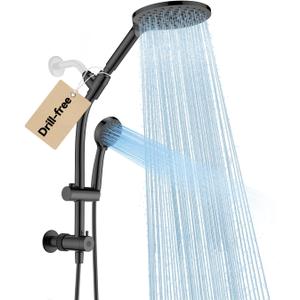 Drill-free Dual Shower Head with Handheld Combo Rainfall Shower Head Easy Reach 3-way Diverter Stainless Steel Slide Bar with Height Adjustable Holder Adjustable Rain Showerhead (Black) (Matte Black)