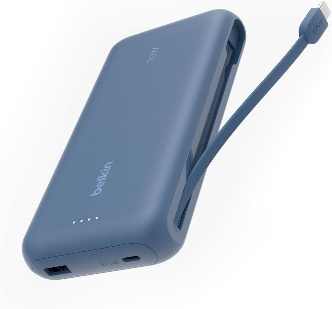 Belkin 20000mAh 30W USB C Power Bank, Portable Charger for iPhone & iPad | Fast Charging, Integrated USB C Cable, Eatra USB C Port, iPhone 17, iPad, Samsung Galaxy S26, Charge 2 Devices
