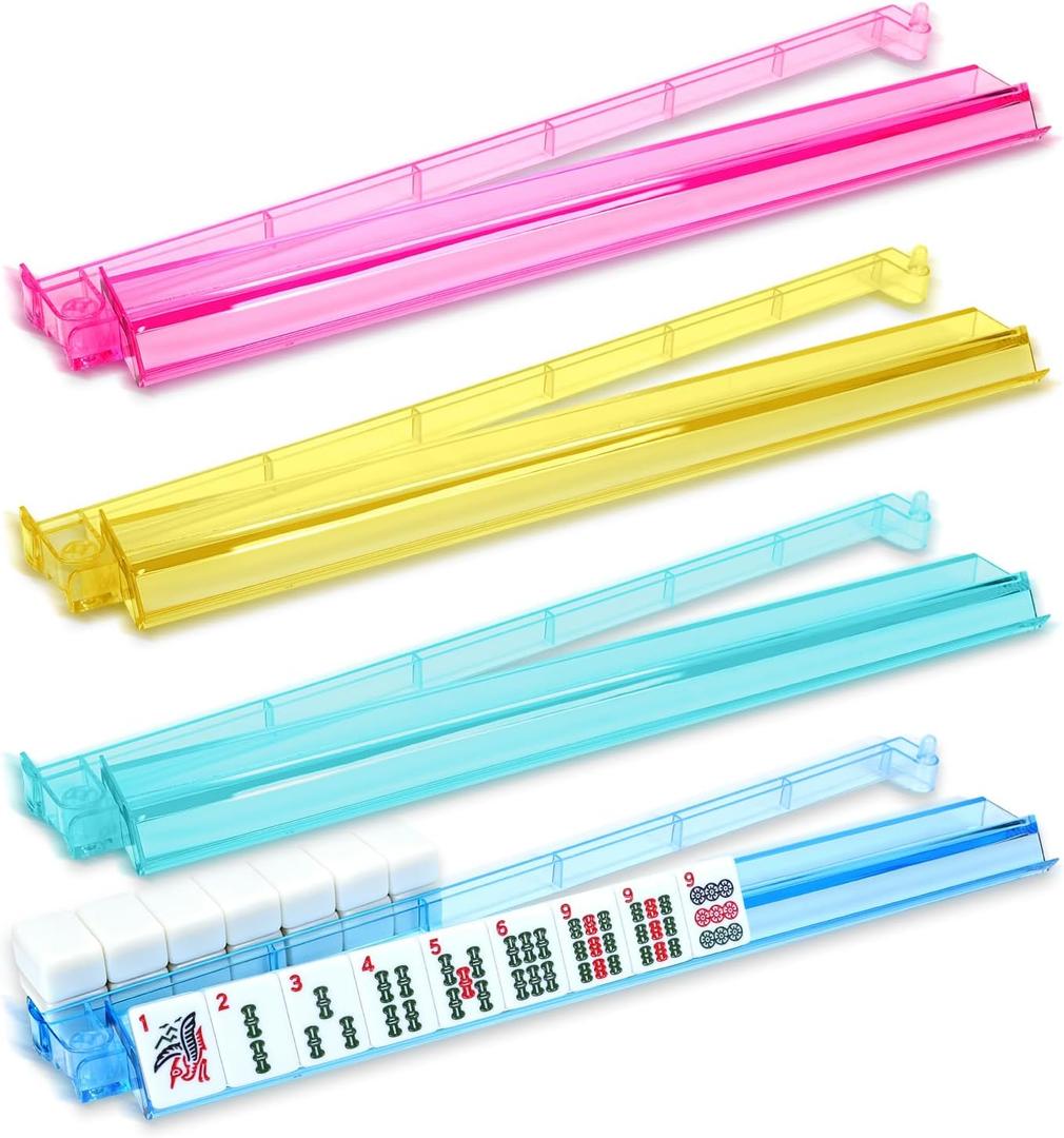 Mahjong Racks with Pushers, 4 Pcs Multi-Color Acrylic Mahjong Tile Racks with Pushers, 18.5 Inch American Mahjong Compatible, Non-Slip Smooth Push, Durable Lightweight Mahjong Accessories