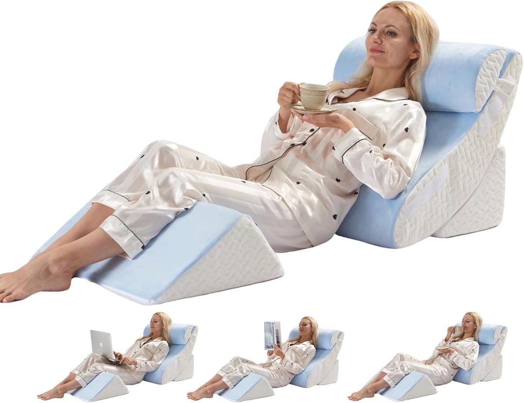 WSOFRLAC 4PCS Bed Wedge Pillow for Sleeping and Sitting Up, Orthopedic Memory Foam Pillow Set for Back Pain, Post Surgery Recovery, Acid Reflux, GERD Relief, Triangle Shape, Blue White