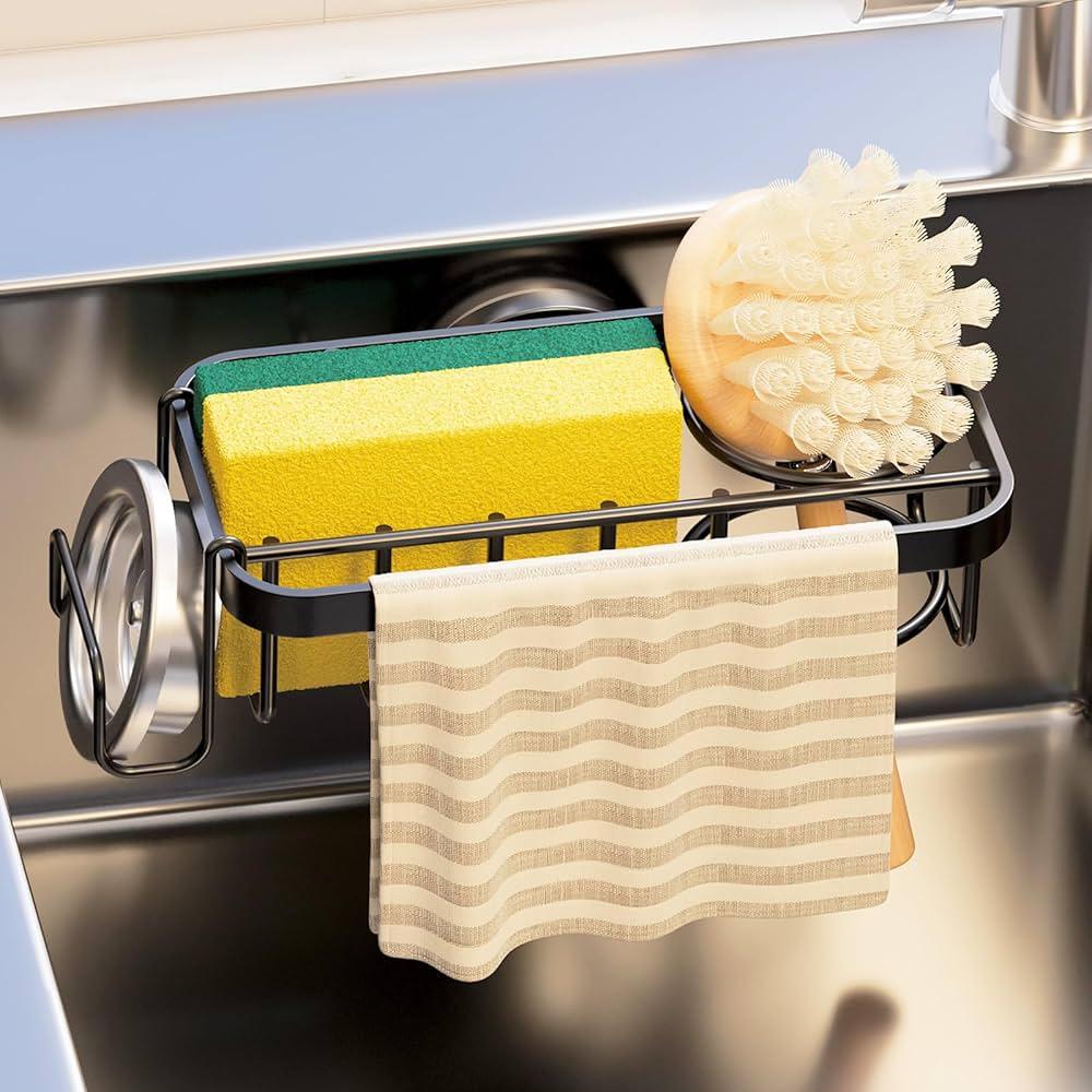 TAILI Sponge Holder with Strong Suction Cup, 4in1 Rustproof Sink Organizer  Sink Caddy Holds Sponges, Brushes, Stoppers & Scrapers  Black