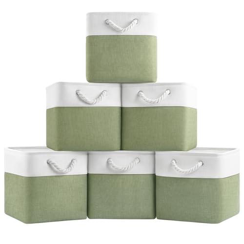 Patvingot 11 Inch Cube Storage Bins, 6 Pack Fabric Storage Cubes with Rope Handles, Organizer Baskets for Closet Shelves, Clothes and Home Organization(White/Green)