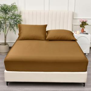 PHF 100% Rayon Derived from Bamboo Fitted Sheet Queen Size, 16" Deep Pocket,2.5cm Wider Strong Elastic Easy Fit, Breathable Silky Soft Skin-Friendly for Hot Sleeper,60"x 80",Camel,No Pillowcases