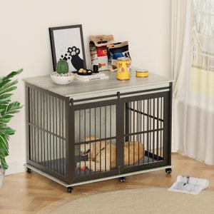 Furniture Style Dog Crates with Sliding Iron Door, Modern Decorative Pet House Dog Cage with Soft Cushion, Indoor Aesthetic Puppy Kennel for Medium Dogs Grey as Shown