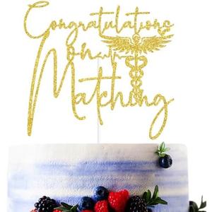 Pack of 2, Gold Glitter Congratulations on Matching Cake Topper, Happy Match Day/It's A Match, Funny 2025 Match Day Doctor Graduation Party Decorations Supplies