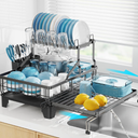 GSlife Large Dish Drying Rack 2 Tier, Expandable Kitchen Dish Drainer for Pots and Pans, 360° Swivel Spout, RustResistant Metal Dish Rack with Utensil & Cup Holder, 16.9" W x 14.4"22.4" L, Black