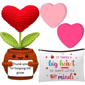 Wavwavw 4 Pcs Teacher Appreciation Gifts Set Thank You for Helping Me Grow Positive Handmade Flower Crochet Doll with Heart Sticky Notes 3x3 in and Makeup Bag for End of Year Teacher Graduation Gifts