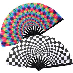 2 PCS Large Folding Fan Bamboo Folding Hand Fan, Rave Fan Clack Folding Hand Fan Chinese/Japanese Nylon-Cloth Folding Fan for Festival, Dance, Performance, Party, Gift, Decoration(Type A)