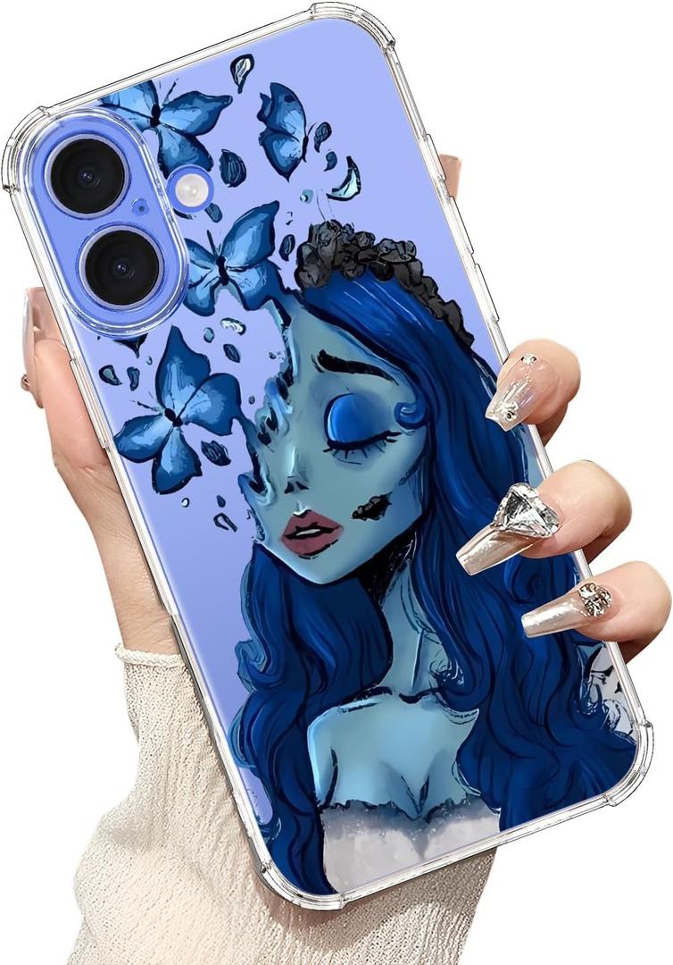 bicol for iPhone 16 Case with Screen Protector,Enhanced Camera Protection,Clear TPU Cover with Trendy Designs for Girls Women,Slim Fit Protective Phone Case,Blue Butterfly Face