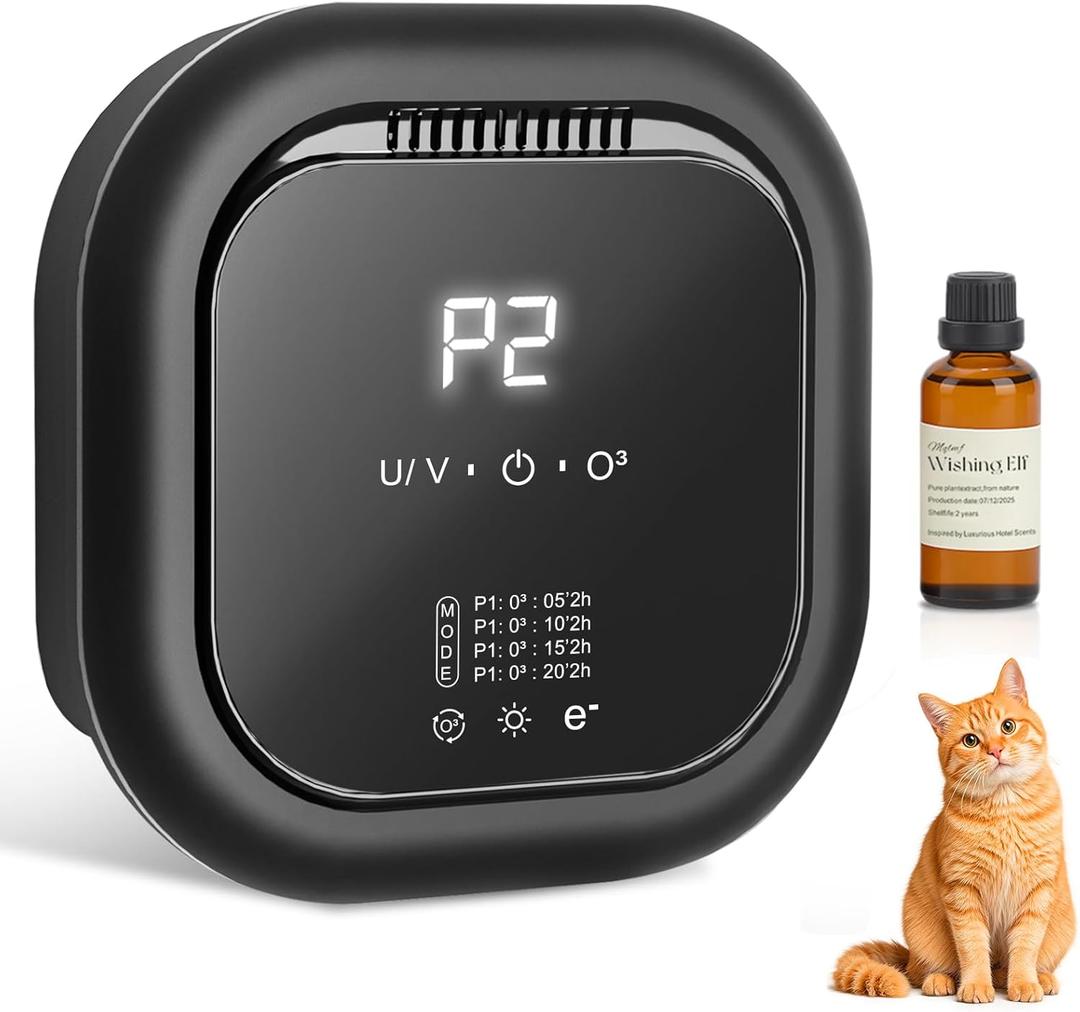 Cat Litter Deodorizer, Rechargeable Air Ionizer with Built-In Fragrance Oil Box, Plug-In or Cordless Use