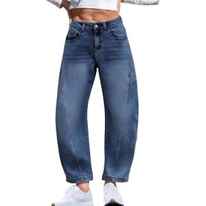 ELLEVEN Barrel Jeans for Women Stretchy Denim Pants Boyfriend Baggy Mid Rise Sweatpant Jeans (Blue, L)