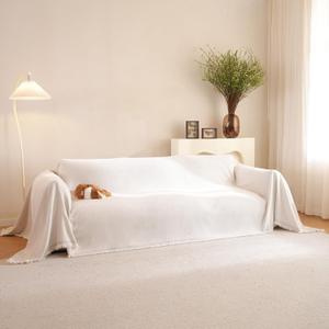 Chenille Herringbone Textured Sofa Cover for 2 Cushion Couch Throw Cover with Tassel Couch Cover for Dogs Washable Furniture Protector for Pets, Kid(Ivory White, Large, 71" x 118") (Large, 71"x118")