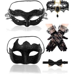 Masquerade Mask for Couples Women Men Set Halloween Mardi Gras Venetian Lace Masquerade Mask Costume Accessories, Black
